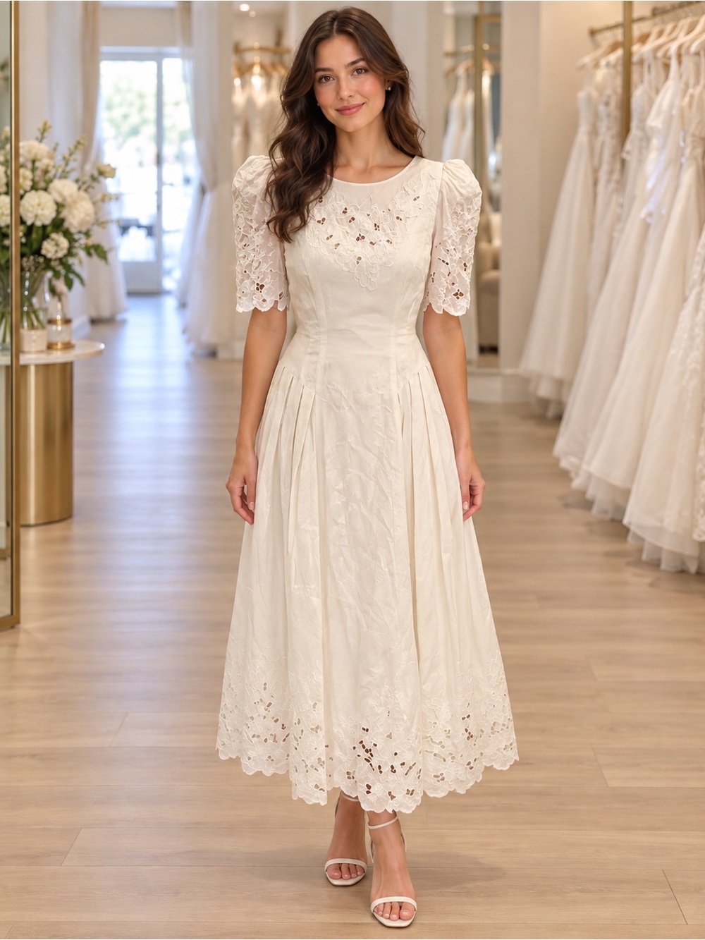 Vintage “J8” Sarah Elizabeth White Cotton Eyelet Bridal Wedding Dress Size 6